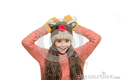 Christmas carnival. Fun and joy. Cheerful kid. Playful cutie. Adorable baby wear cute winter knitted deer hat. Cute Stock Photo