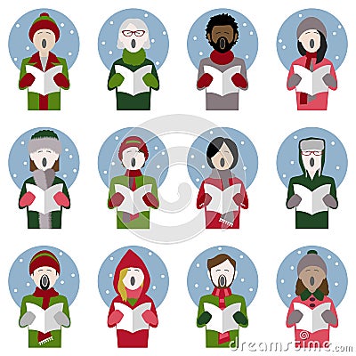Christmas carol singer icons in the snow Vector Illustration