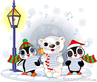 Christmas carolers. Polar bear and two penguins Vector Illustration