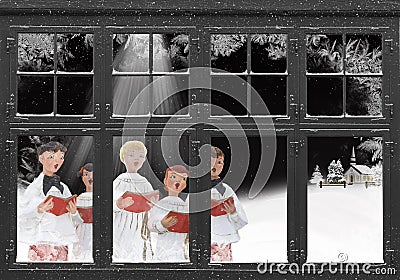 Christmas carolers in window frosted window Stock Photo