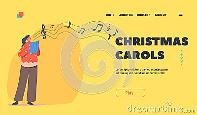 Christmas Carols Landing Page Template. Cute Child Caroling, Happy Kid Character Wear Knit Sweater Singing Songs Vector Illustration