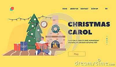 Christmas Carols Landing Page Template. Happy Boy Character Sitting at Burning Fire Place and Fir Tree Reading Book Vector Illustration