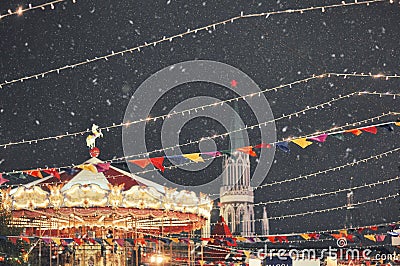 Christmas carousel in the Red Square in winter Editorial Stock Photo