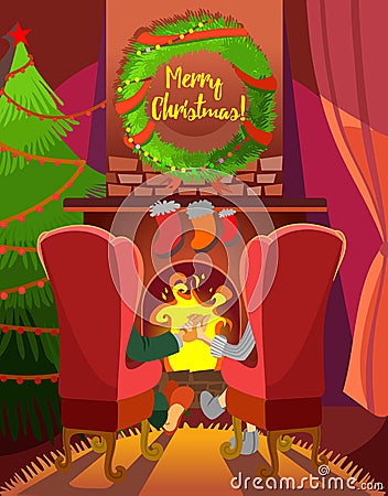 Christmas cartoon concept with family couple sitting in front of fireplace Vector Illustration