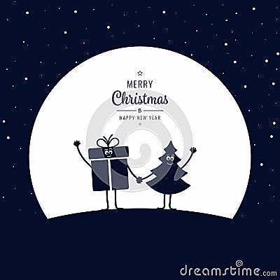 Christmas cartoon figure wave winter night big moon stars background Vector Illustration