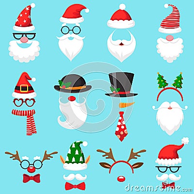 Christmas cartoon hats. Xmas santa hat, elf cap and reindeer photo mask. Santas beard and mustaches vector set Vector Illustration