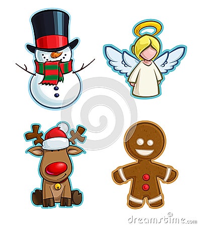 Christmas Cartoon Icon Set - Snowman Angel Red-Nose Reindeer Gingerbread Man Vector Illustration