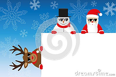 Christmas cartoons reindeer santa and snowman with white notice Vector Illustration