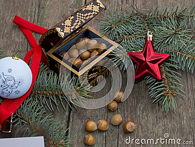 Christmas, casket with forest nutlets decorated with a fir-tree Stock Photo