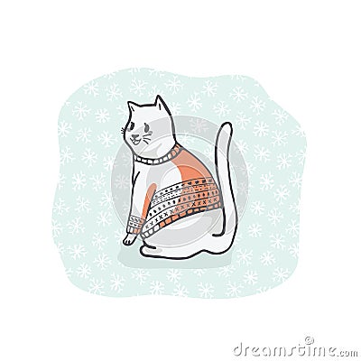 Christmas Cat Greetings Card Clipart, Hand Drawn Cat Lover in Embroidery Vector Illustration