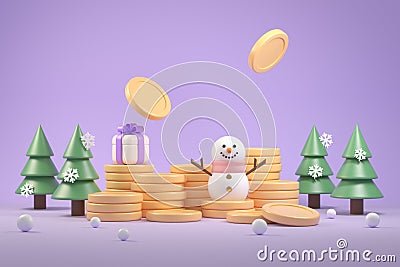 Christmas Celebrate Financial Concept Coins Money Fund Saving Baking With Snowman Giftbox Illustration Backgrounds 3d Rendering Stock Photo