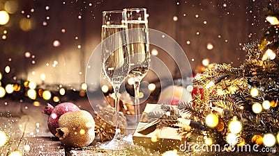 Christmas and celebration with champagne. Holiday decorated table Stock Photo