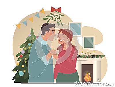 Christmas celebration. Cheerful family members, couple kissing Vector Illustration
