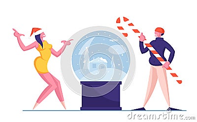 Christmas Celebration and Festive Tradition. Man with Huge Candy Cane and Woman in Santa Claus Hat Stand at Crystal Ball Vector Illustration