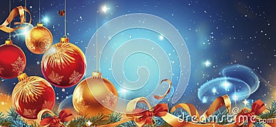 Christmas celebration holiday banner. Festive balls and gifts close up Stock Photo