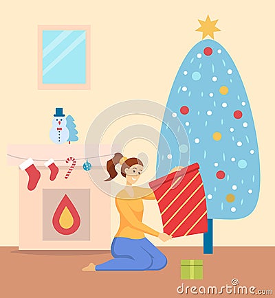 Christmas Celebration at Home, Woman with Presents Vector Illustration