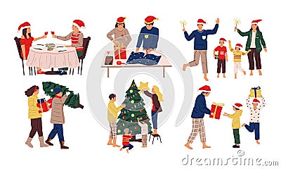 Christmas celebration scenes. Kids and adults prepare Xmas dinner, presents, decorate home. Family and friends Vector Illustration