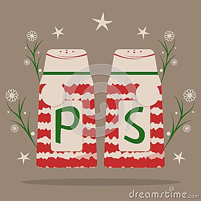 Christmas Ceramic salt and pepper shakers bottles isolated. Cozy cartoon style. Vector Flat illustration Vector Illustration