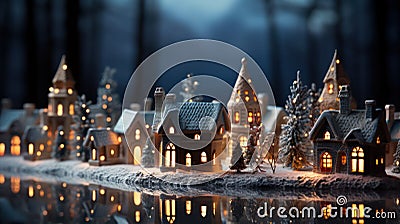 Christmas ceramic village with illuminated windows and snow Stock Photo