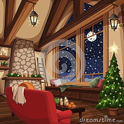 Christmas chalet interior. Holiday evening. Vector illustration. Vector Illustration