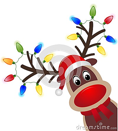 Christmas character Rudolph with light. Head of Happy reindeer with red nose Vector Illustration
