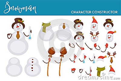 Snowman Christmas character constructor body parts and accessories Vector Illustration