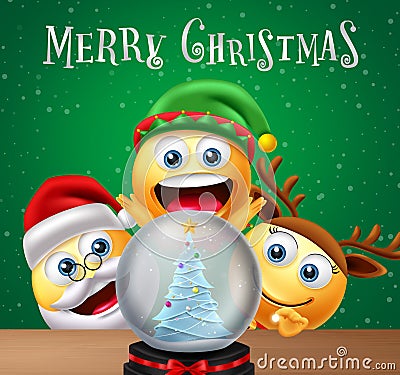 Christmas character vector design. Merry christmas text with elf, santa claus and reindeer 3d characters looking at crystal ball. Vector Illustration