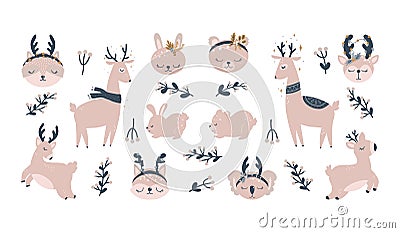 Christmas characters - animals. Cute Woodland characters, bear, fox, raccoon, deer. Vector illustration Vector Illustration