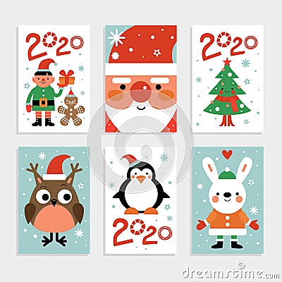 Christmas characters card set. Santa, penguin and fir-tree, white rabbit and owl, elf with gift. 2020 new year party Vector Illustration