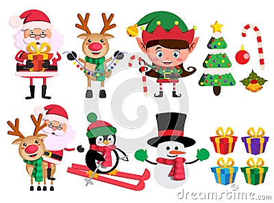 Christmas characters and elements vector set with santa claus, reindeer, elf and snowman Vector Illustration