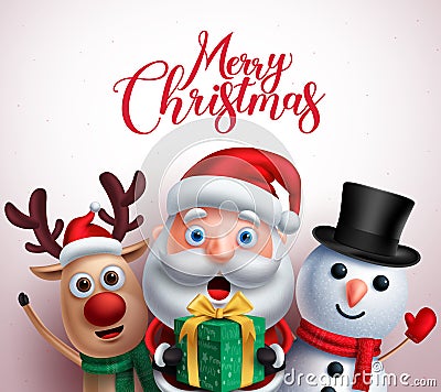 Christmas characters like santa claus,reindeer and snowman holding gift Vector Illustration