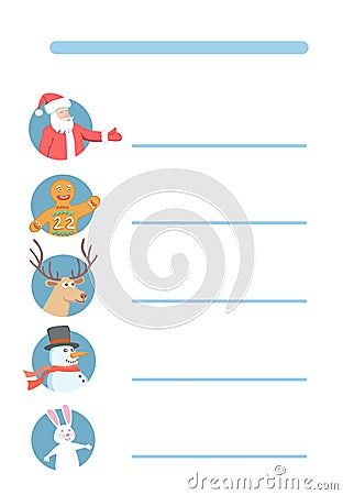 Christmas Characters in Stylized Timetable or Menu. Schedule for New Year Holidays. Vector Illustration