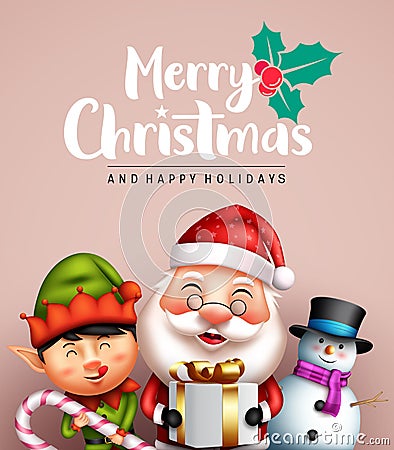 Christmas characters vector design. Merry christmas text with friendly santa claus, elf and snowman character holding gift. Vector Illustration