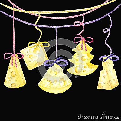 Christmas cheese tree. New year greeting card 2020. Watercolor drawing piece of triangular yellow cheese. Mouse favorite food. Stock Photo