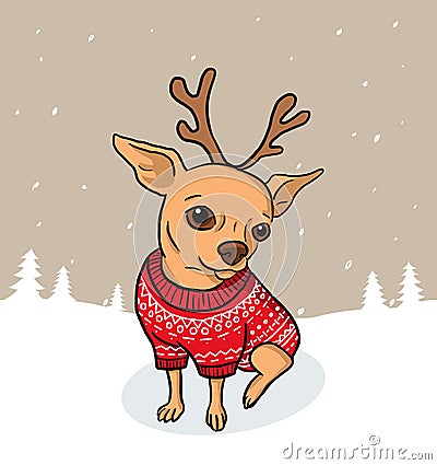 Christmas chihuahua dog cartoon illustration with snow. Dog in sweater and antlers Vector Illustration