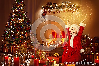 Christmas Child Happy Presents Gifts, Kid Opening Present Toys Stock Photo