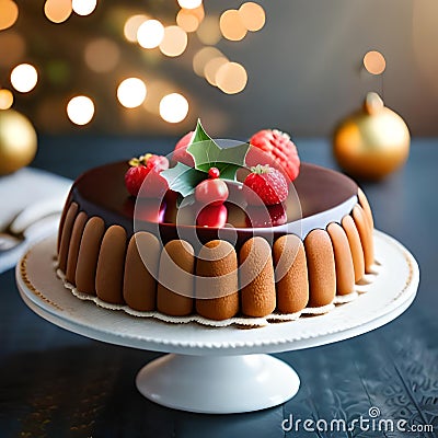 Christmas chocolate berries toppings cake on turntable Stock Photo