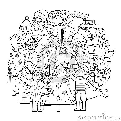 Cute Christmas characters circle shape pattern for coloring book. Doodle mandala with kids decorating a Christmas tree Vector Illustration