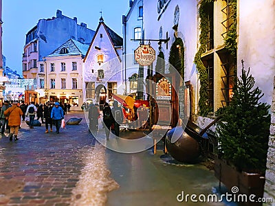 Christmas tree decoration on town square Holiday In Old Town Of Tallinn ,CChristmas Decoration in Old Town Of Tallinn , Christmas Editorial Stock Photo