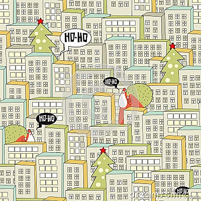 Christmas city seamless pattern. Vector Illustration