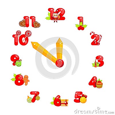 Christmas clock face. Colorful New Year countdown with traditional winter holidays symbols Vector Illustration