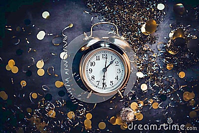Christmas clock, golden confetti, midnight. Generative AI Stock Photo