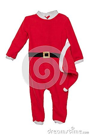 Christmas clothes. Close-up of red kids Christmas Santa Claus jumpsuit with holding hat isolated on a white background. Stock Photo