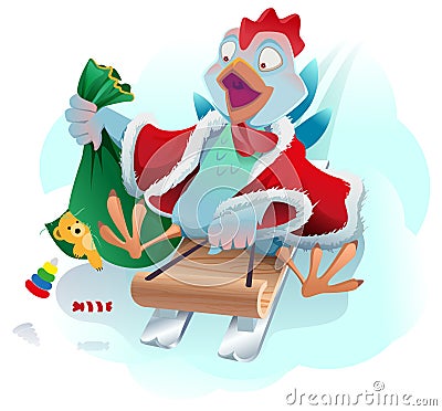 Christmas rolls on sledge from mountain. Blue cartoon Rooster symbol 2017 Vector Illustration