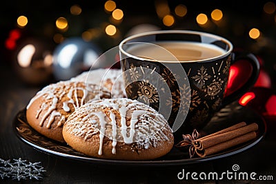 Christmas coffee cup and gingerbread cookies. Festive cozy image Stock Photo