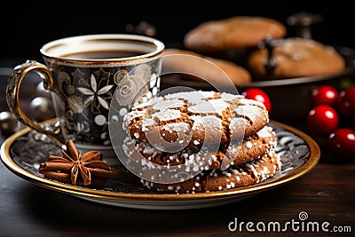 Christmas coffee cup and gingerbread cookies. Festive cozy image Stock Photo