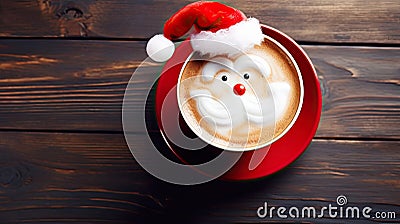 Christmas coffee cup with milk foam Santa Claus. Christmas latte art. Cozy atmosphere. Holiday background with copy Stock Photo