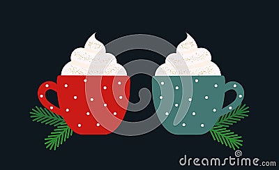 Christmas coffee or hot chocolate two cute cups Vector Illustration