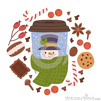 Christmas Coffee Joy In A Cup. Adorable Snowman Dons A Dapper Top Hat And Scarf, Spreading Holiday Cheer Vector Illustration