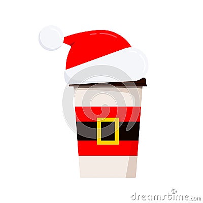 Christmas coffee or tea cup with red santa hat and gold buckle belt isolated white background Vector Illustration